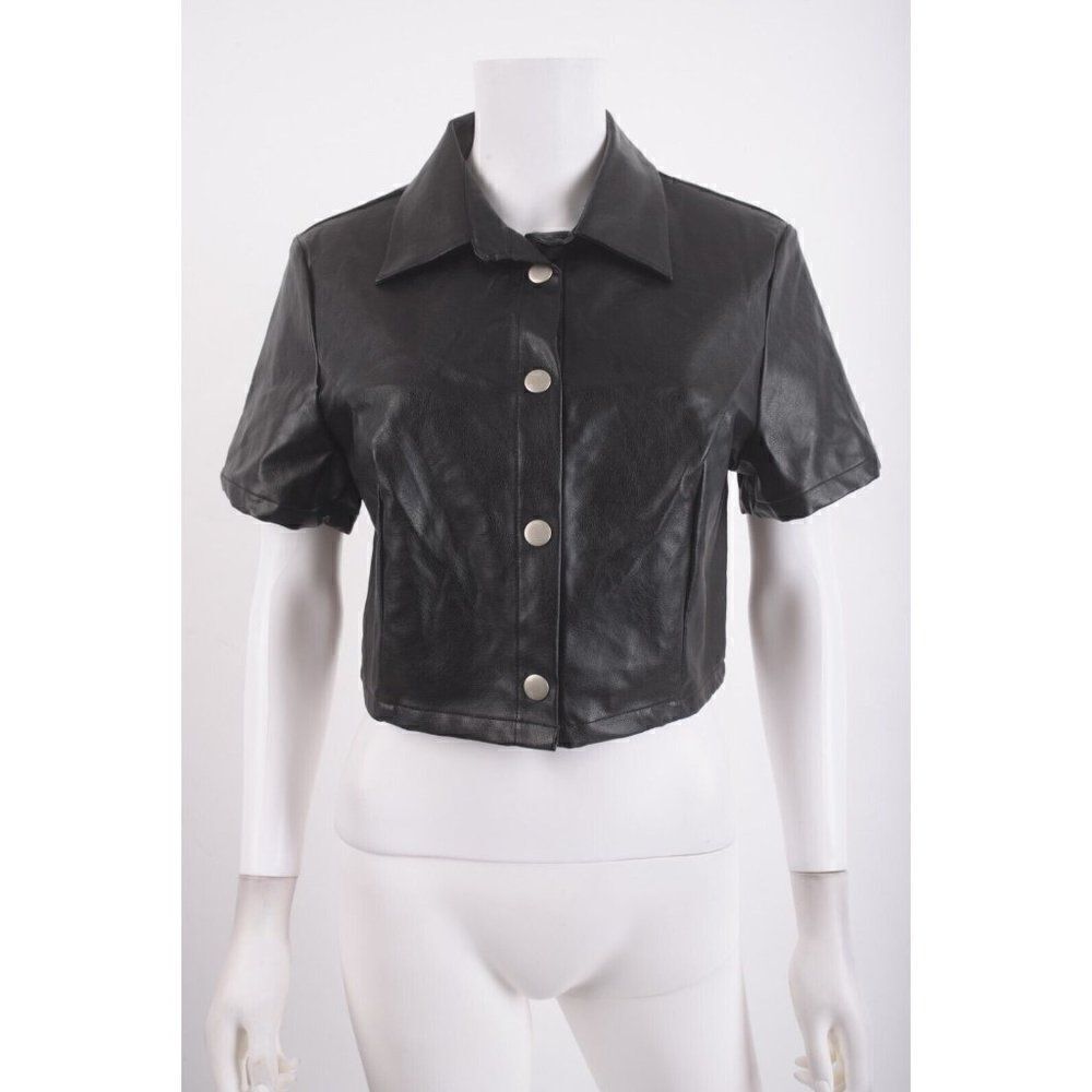 Lamarque Womens Cropped Blazer Jacket faux leather Sz 12 Black Short Sleeve NWT
